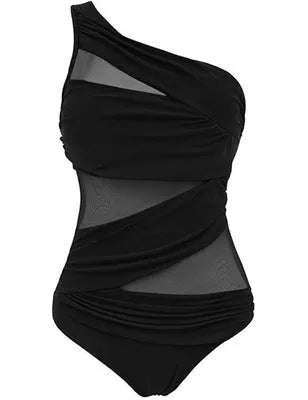 Women's plus size one-piece swimsuit in solid colour nylon with chest pad, available in black, blue, and red, sizes M to 4XL.
