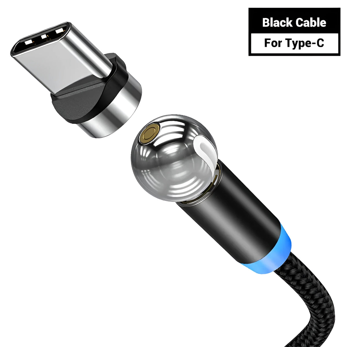 Black spherical magnetic charging cable with rotating head next to iPhone and Android phones