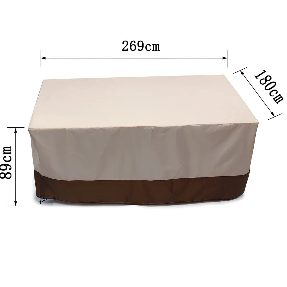 Bronze waterproof patio furniture cover measuring 269cm long protecting outdoor garden furniture