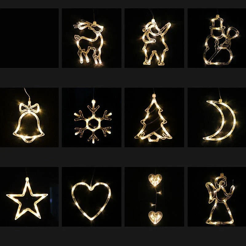 Decorative battery-powered LED chandelier lights with holiday-themed designs like Santa, snowmen, and stars