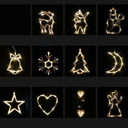 Decorative battery-powered LED chandelier lights with holiday-themed designs like Santa, snowmen, and stars