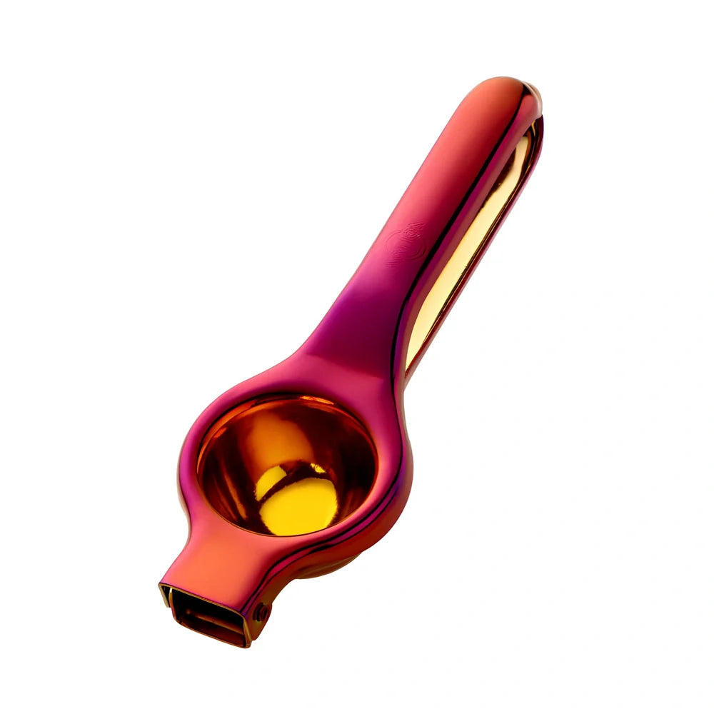 Manual stainless steel juicer with 5.5cm feed opening in gold finish on kitchen counter