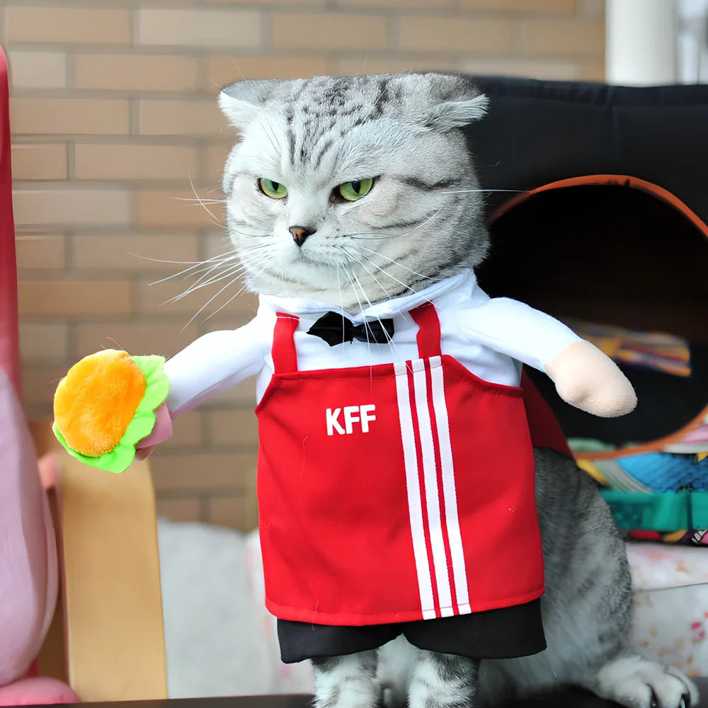 Polyester cat costume in character design with size label showing bust and neck measurements