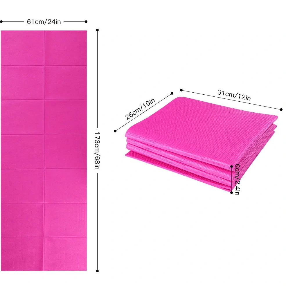 Blue folding yoga mat showing zipper system and handles with 173cm length measurement