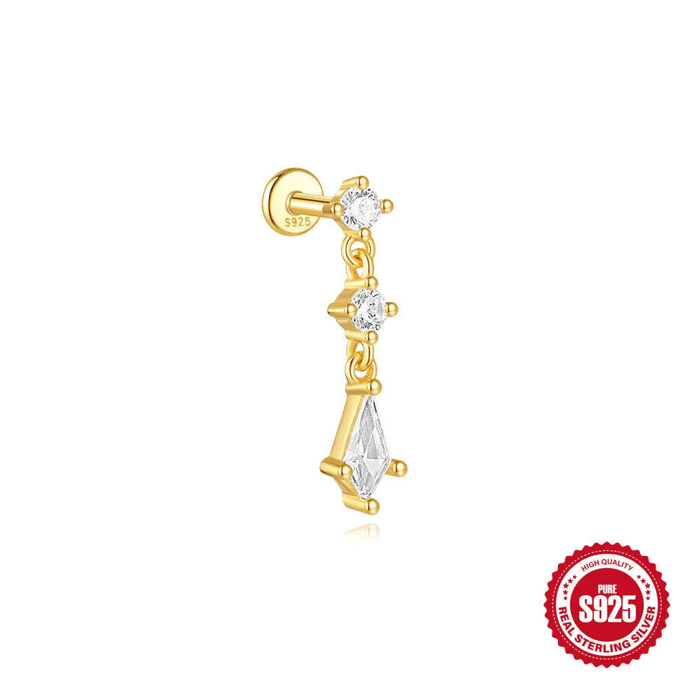S925 sterling silver geometric kite earrings with rhinestone chain tassel in gold plating