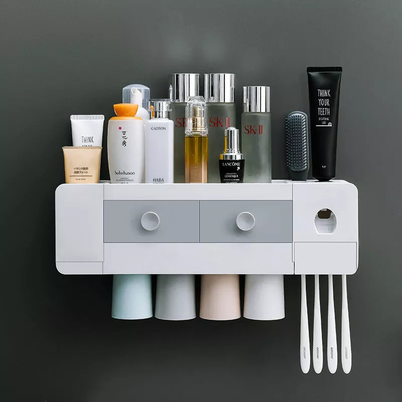 Wall-mounted magnetic toothbrush rack with automatic toothpaste dispenser in white plastic