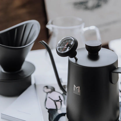 Stainless steel coffee maker set with thin mouth pot and matching cups in pure colour finish