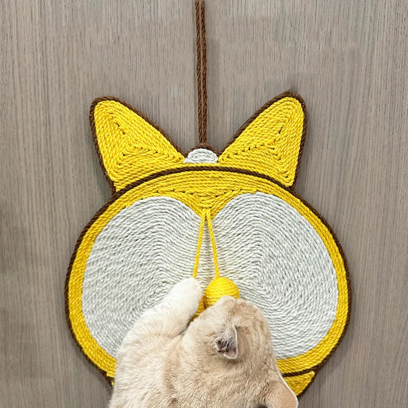 Yellow sisal cat scratching pad with Corgi dog butt design, showing anti-slip EVA base and adhesive hooks.