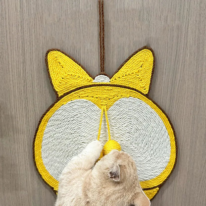 Yellow Corgi-design sisal cat scratching pad with anti-slip base, shown with adhesive hooks for wall mounting.