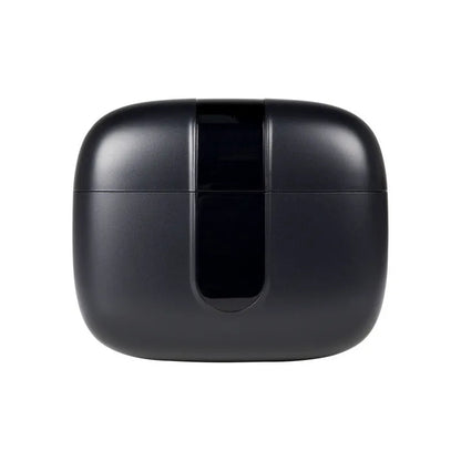 Jerry X08 black wireless earbuds inside a charging case with a small digital battery percentage display.