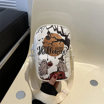 Halloween graffiti print crossbody bag in black with pumpkin, ghost, and bat designs, measuring 14x23x9.5cm