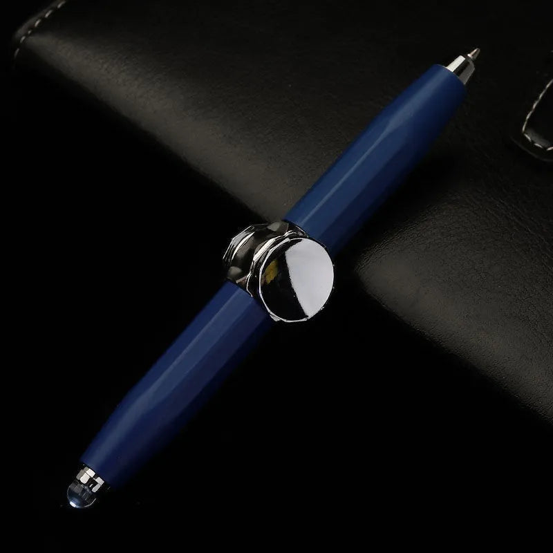 Creative multi-function metal pen with LED light and fingertip gyro spinner for writing and fidgeting.
