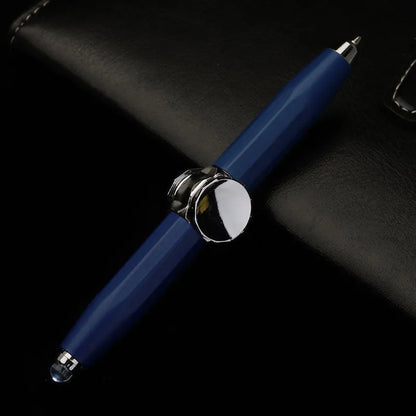 Creative multi-function metal pen with LED light and fingertip gyro spinner for writing and fidgeting.
