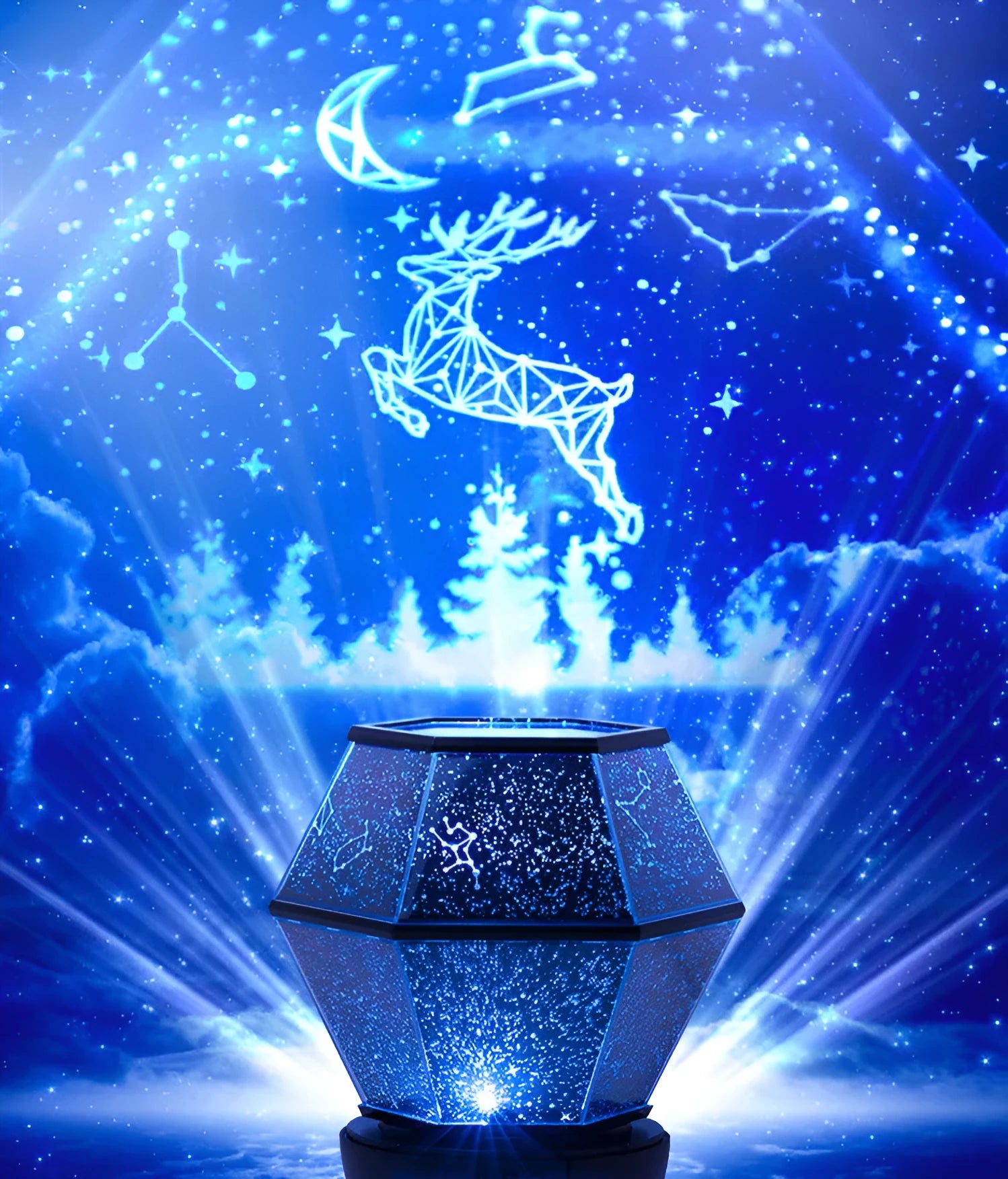 Children's rotating star night light projecting coloured starlight patterns on a bedroom wall.