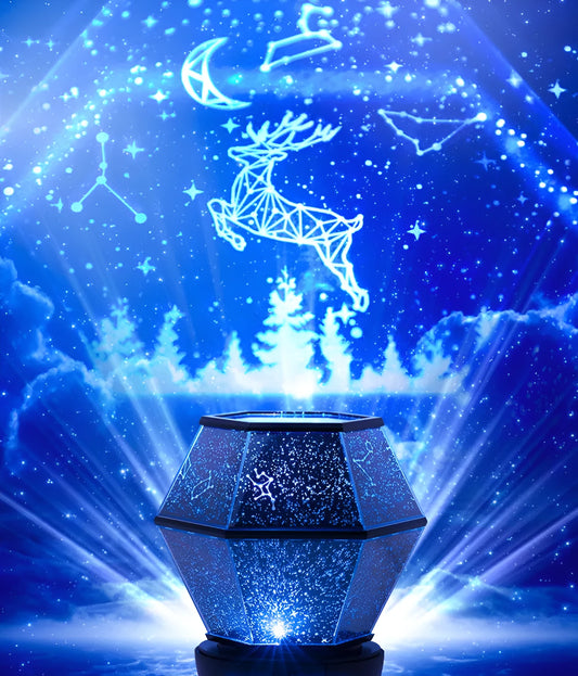 Children's rotating star night light projecting coloured starlight patterns on a bedroom wall.
