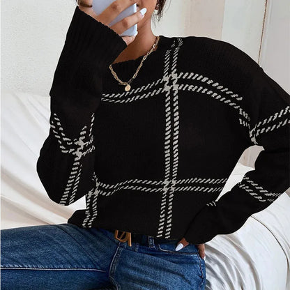 Women's loose-fit plaid colour-block acrylic sweater with apricot, black, beige stripes.
