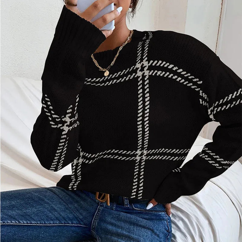 Women's Casual Plaid Colour-block Crew Neck Sweater, Loose-fit Acrylic Pullover with Apricot Beige Black Stripes, Temperament Commute Style, Normal Length 50cm, Available in Sizes S M L XL.
