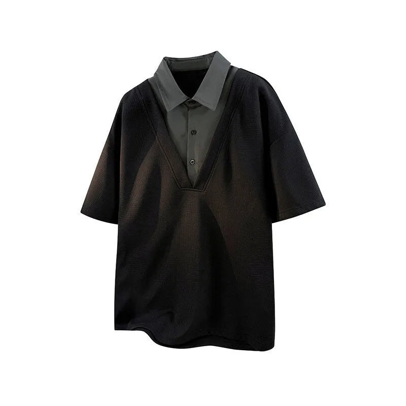 Men's heavy Henry collar polo shirt sweater in thin knit Spandex with padded detail, short sleeve pullover design