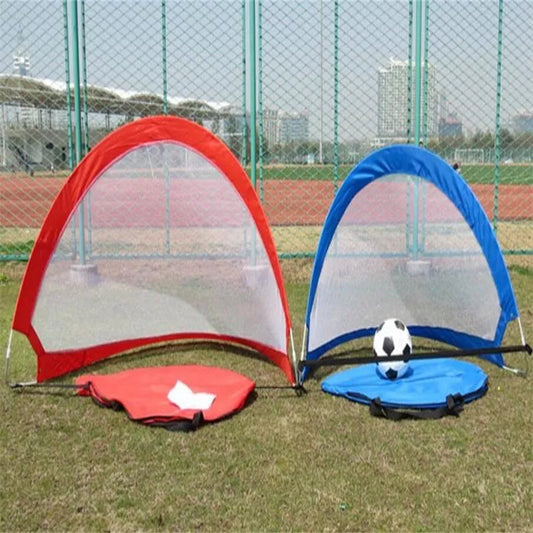 Foldable football net goal gate for soccer practice in black, orange, light blue, and red
