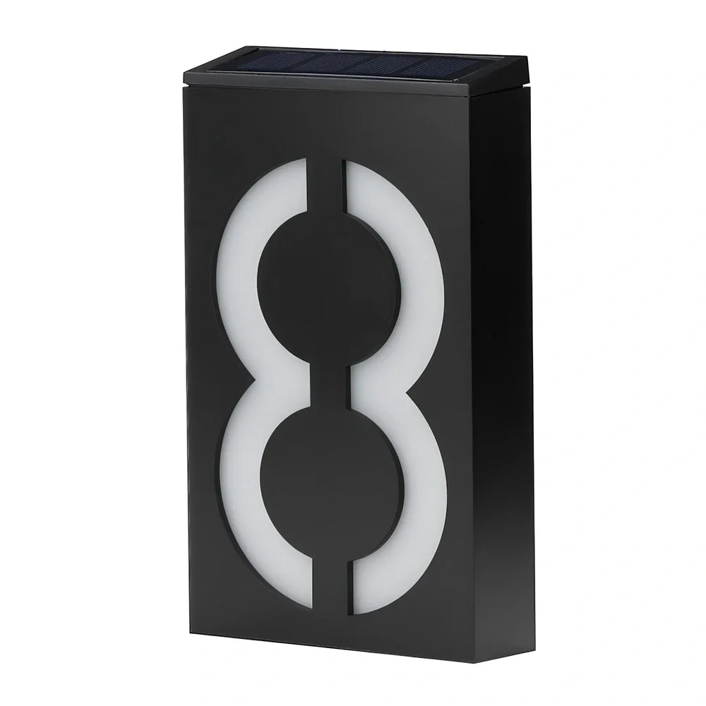 Solar powered house number with LED illumination showing waterproof construction and concealed mounting