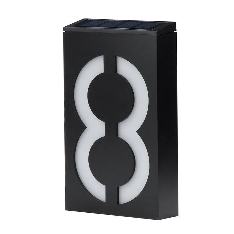 Solar-powered house number light with 6 LED illumination and concealed wall-mounting design