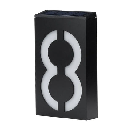 Solar-powered house number light with 6 LED illumination and concealed wall-mounting design