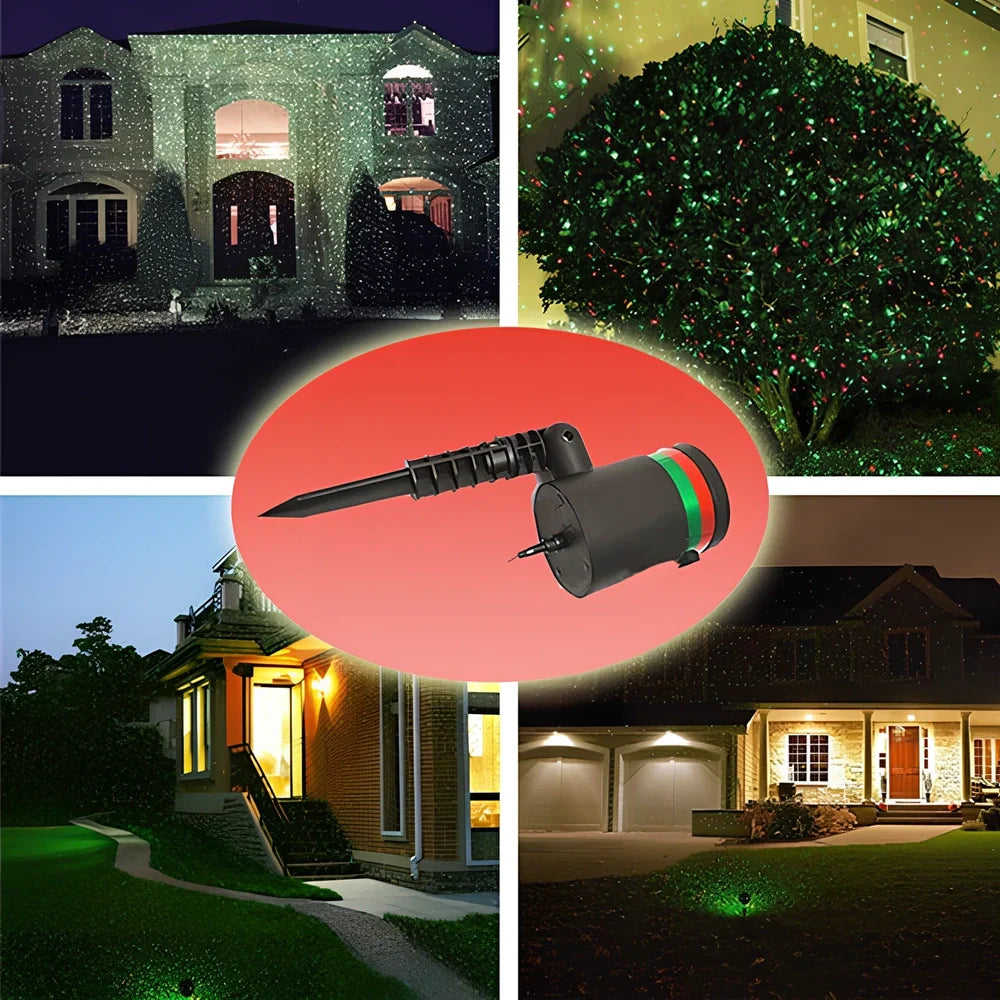 Black Christmas projection light with starry laser pattern on brick wall, 13.5cm unit with 29cm handle