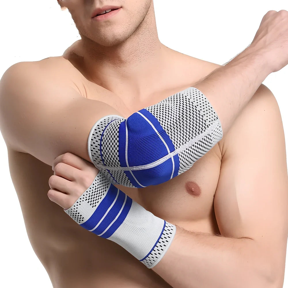 Grey knitted sports elbow pads with 3D compression fabric for basketball and badminton