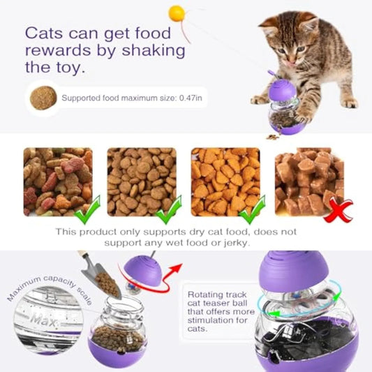 Multi-functional cat toy with tilting base, teaser wand with ball and ribbon, and food dispenser opening