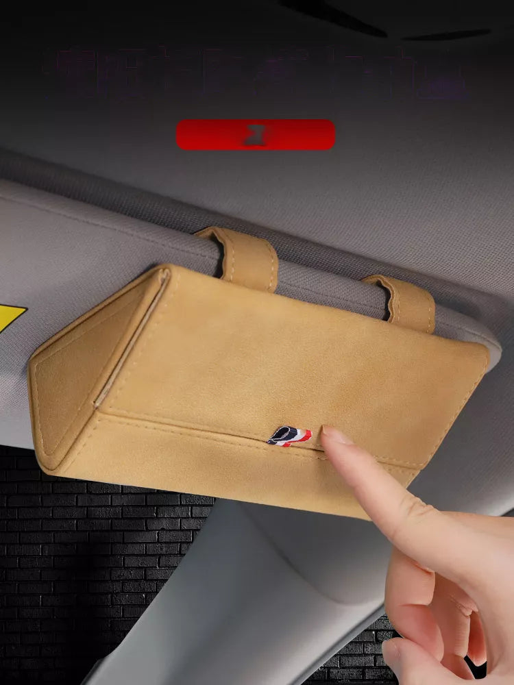 Car glasses storage box in suede material with quick buckle secure