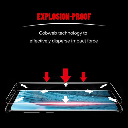 Curved phone protector for Samsung with matte finish and hydraulic film technology on purple packaging