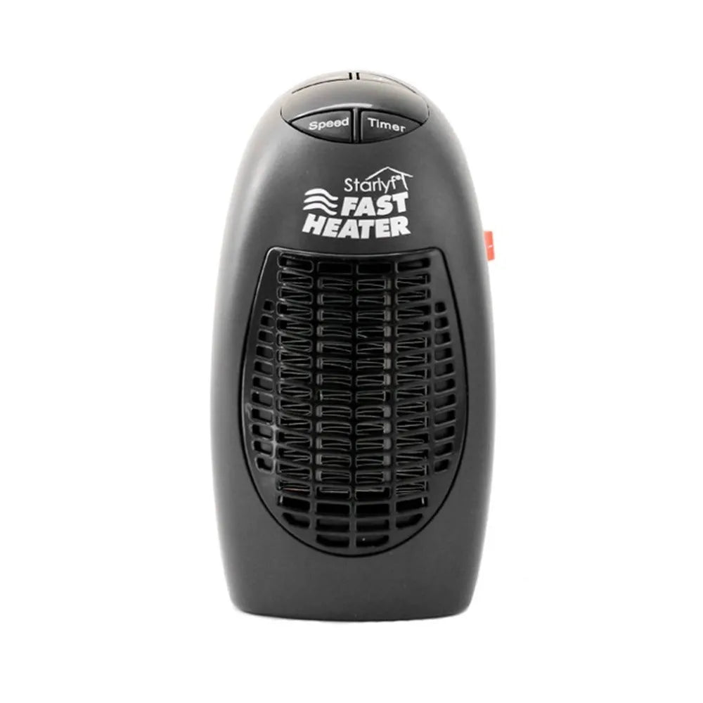 Black compact electric heater with digital display and rotating plug, measuring 8x7x16cm