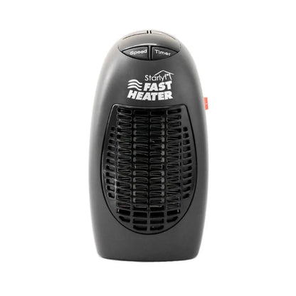 Black compact electric heater with digital display and rotating plug, measuring 8x7x16cm