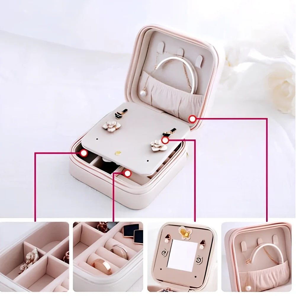 Portable jewellery box with flipping page display measuring 10×10×5.5cm in black colour