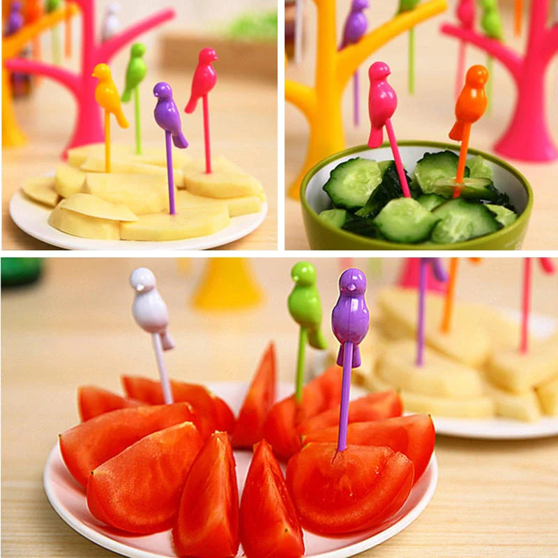 Colorful plastic fruit fork set for kids with tree and birds design