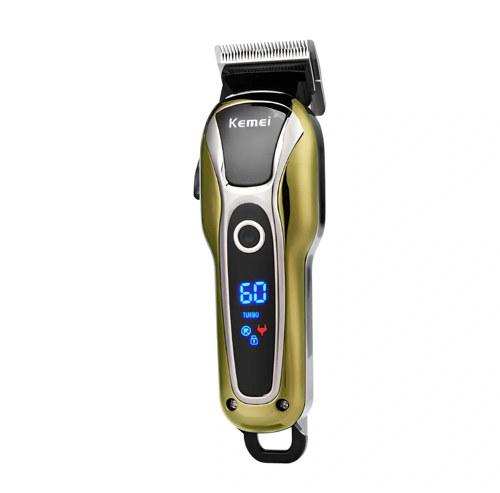 Professional hair clipper with four guide combs, cleaning brush, and power adapter on white background