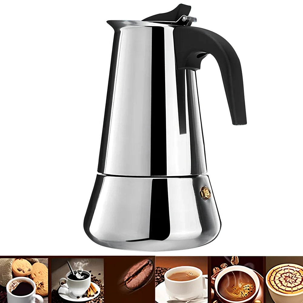 Moka coffee maker with plastic handle and stainless steel body in 100ML-450ML sizes