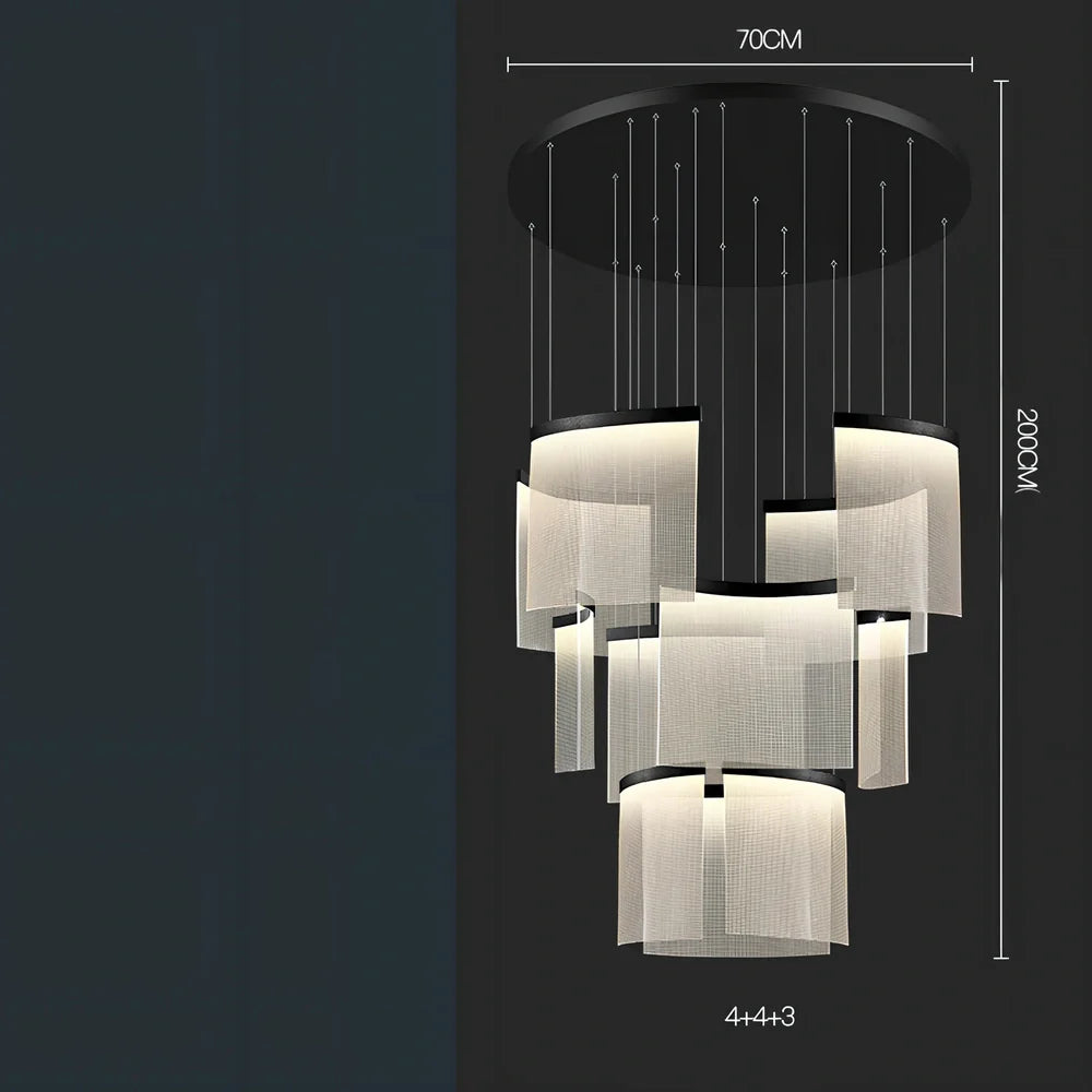 Villa Duplex large chandelier with multiple LED heads and gold mesh grid on stainless steel pendant