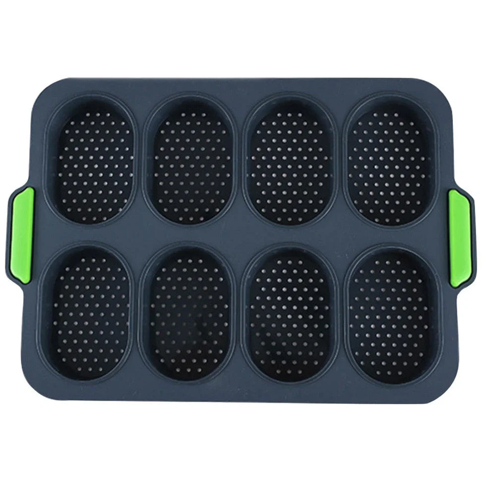 Dark grey silicone bread baking mould with eight compartments for uniform French loaves