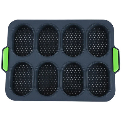 Dark grey silicone bread baking mould with eight compartments for uniform French loaves