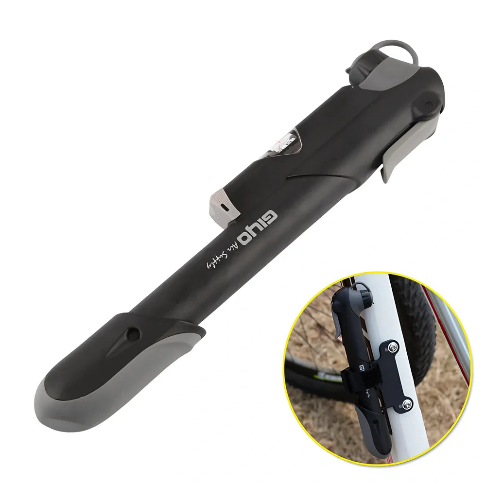 Black portable bicycle mini pump with pressure gauge, T-shaped handle, measuring 235mm long