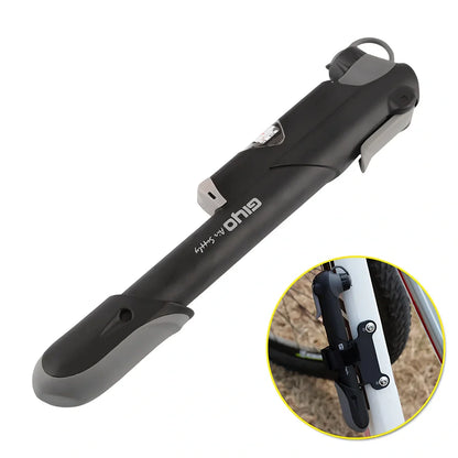 Black portable bicycle mini pump with pressure gauge, T-shaped handle, measuring 235mm long