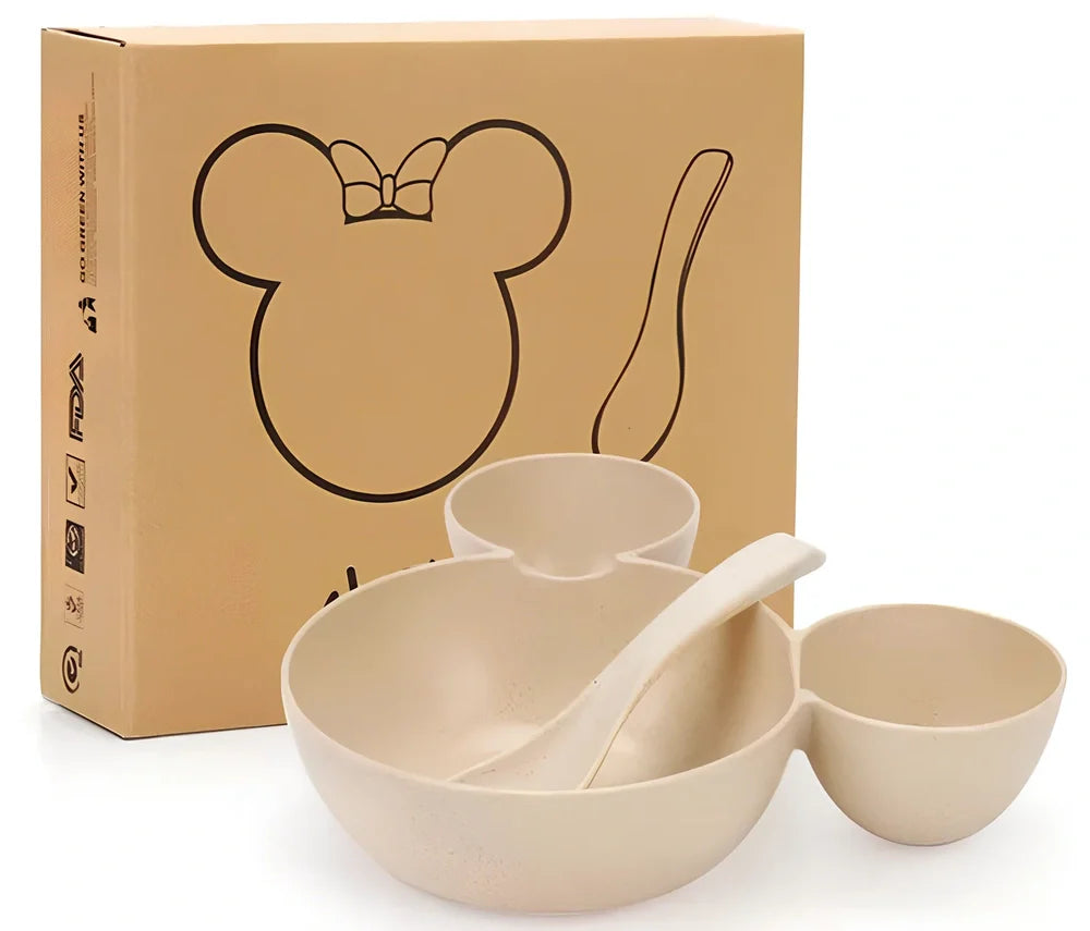 Mickey cartoon wheat straw children's bowl set with pink 21.5 cm bowl, spoon, fork, chopsticks - BPA-free biodegradable kids meal kit