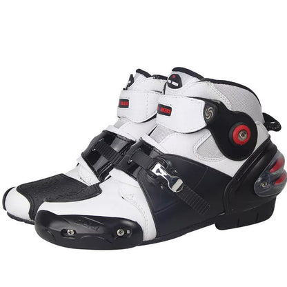 Road motorcycle ankle boots with anti-twist design in red, black, and white