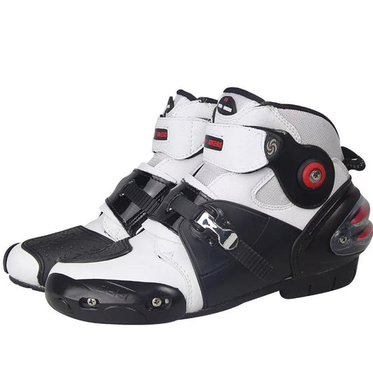Road motorcycle ankle boots with anti-twist design in red, black, and white