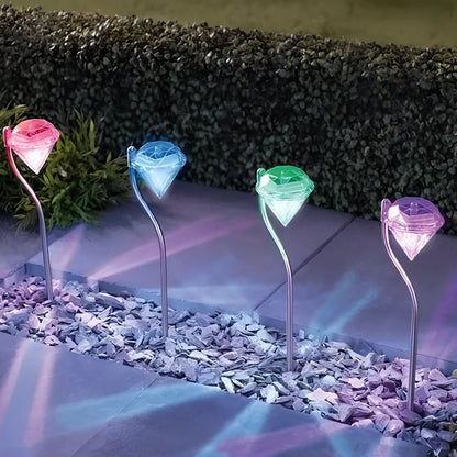 Solar powered garden diamond light with white and multicolor LED options for outdoor illumination