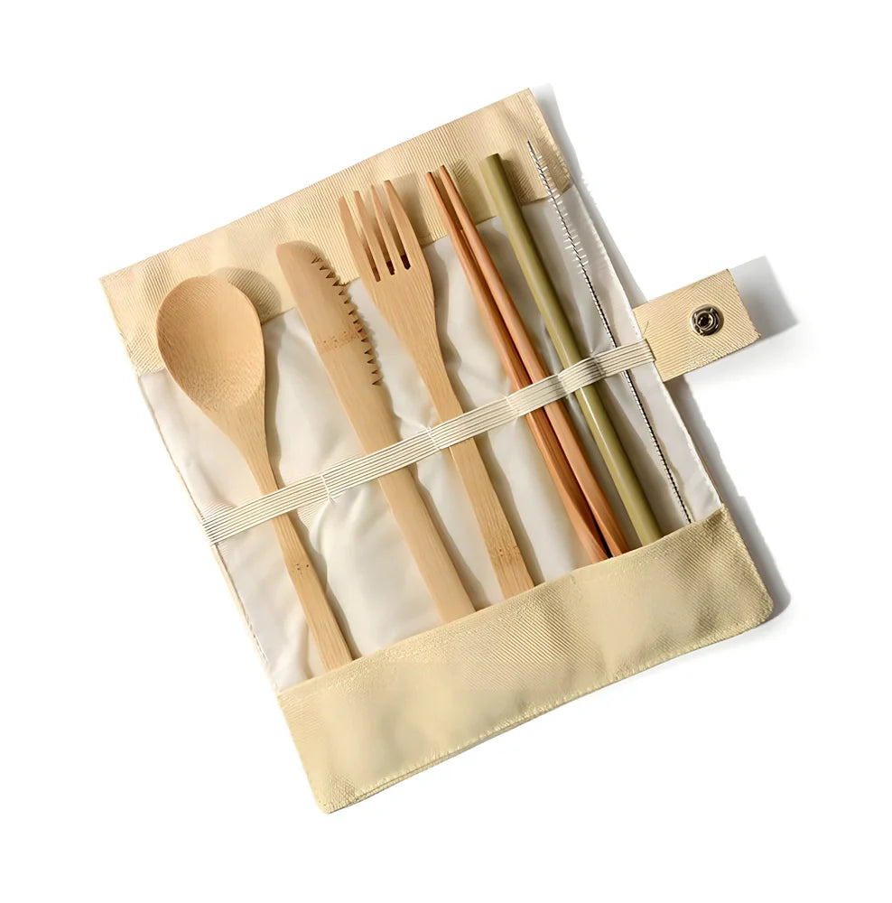 Bamboo travel cutlery set with 7 Japanese-style utensils in carrying pouch for sustainable dining