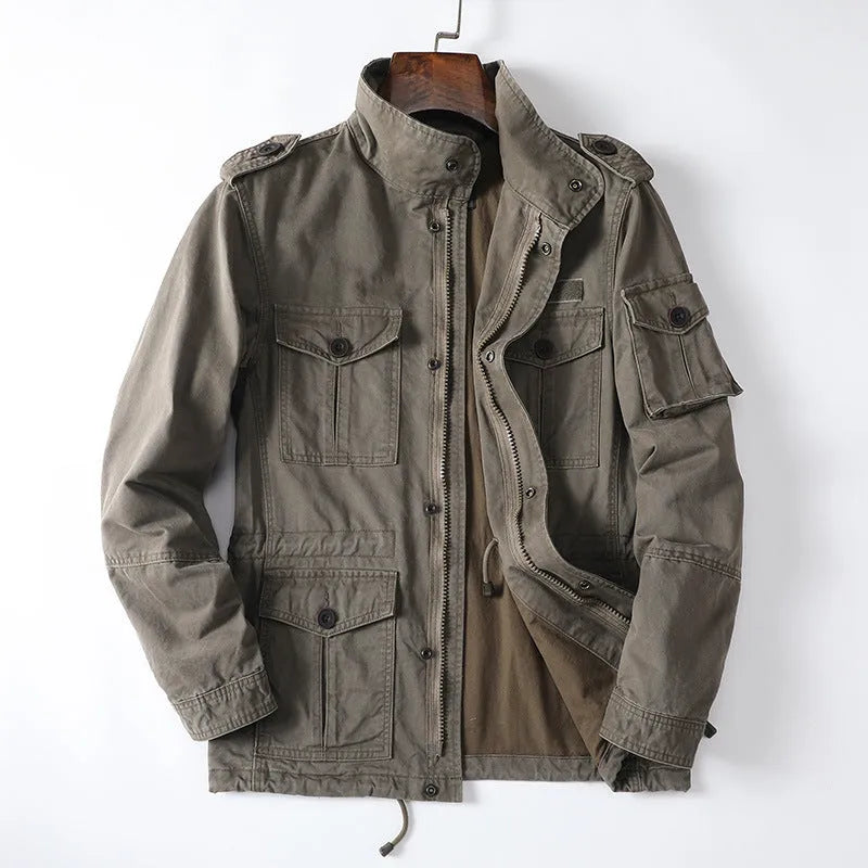 Men's loose-fit cotton zip jacket in retro style showing black, army green, and coffee colour options