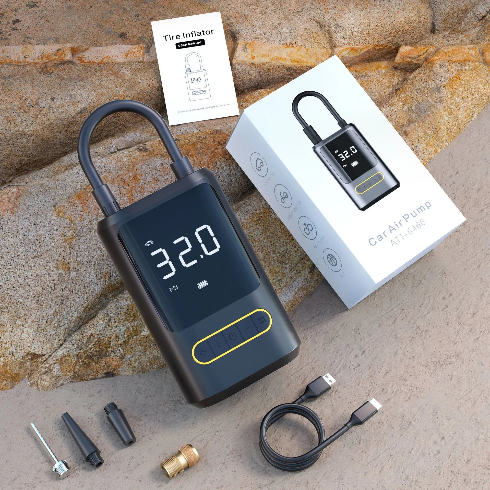 Handheld wireless digital display air pump with LED light showing pressure reading