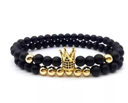 Micro-inlaid crown 6mm matte black and copper bead bracelet with zircon inlays